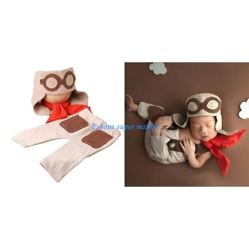 

090B Baby Photo Clothing Long Pants Vintage Bonnet Hat Newborns Photo Romper Infant Party Wear Photo Posing Accessories 2pcs