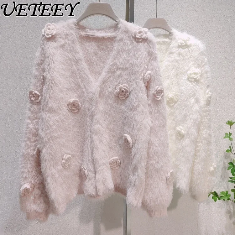 Imitation Mink Hair V-neck Short Knitted Jacket Long Sleeve Flower Sweater Women's Outerwear Cardigan Autumn and Winter Coat