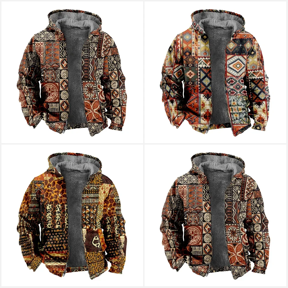 Autumn Winter Fleece Zip Up Hoodies Vintage Tapa Tribal Graphics Digital Print Men Parka Coats Jackets Outerwear Sweatshirts