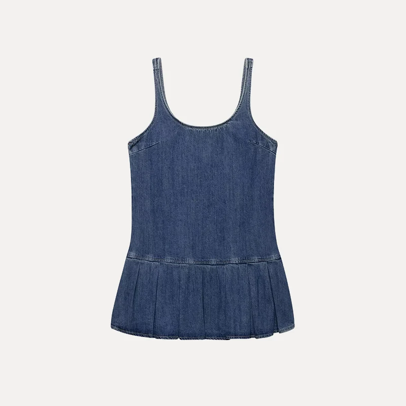 Frühling 2025, Faion, breiter Falten-Oulder-Träger, rund, Ne Denim Dr, Damen-Sle-Ele-Rock, Einzelstück, No Sve, Polye...