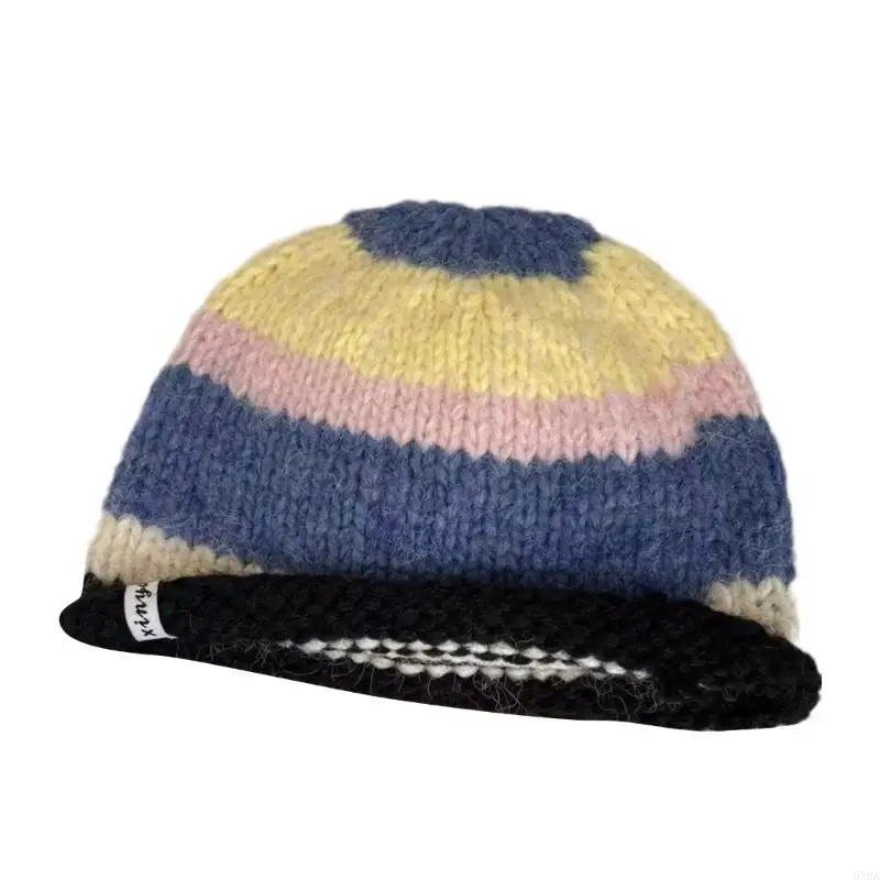 Handmade Knit Striped Bucket Hat for Woman Weaving Floppy Rolled Brim Bucket Hat Adult Teens Winter Fisherman Cap 6XDA 3