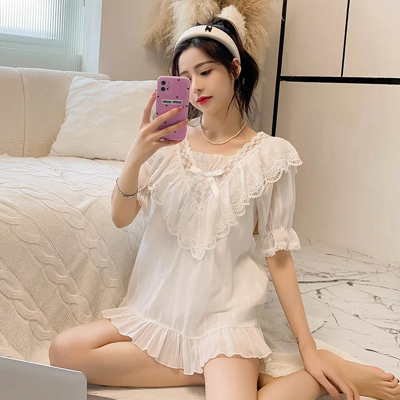 

Summer Short Sleeve Women Lace Cotton Homewear Lovely Two Piece Set Lady Pajamas Loose Casual Princess Nightwear Sleepwear