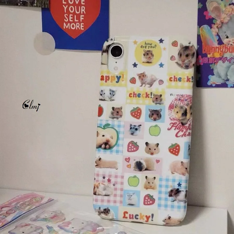 Clmj Cute Hamster Animal Strawberry Phone Case for iPhone 16 15 14 13 12 11 Pro Max XS XR XSMax 6 7 8 Plus Glossy HD Cover Y2K
