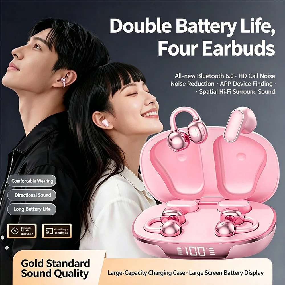 In-ear&Ear Clip Open Two-in-One Bluetooth True Wireless Headset Long Life Sports Battery Display Fashion Electroplated Earphones