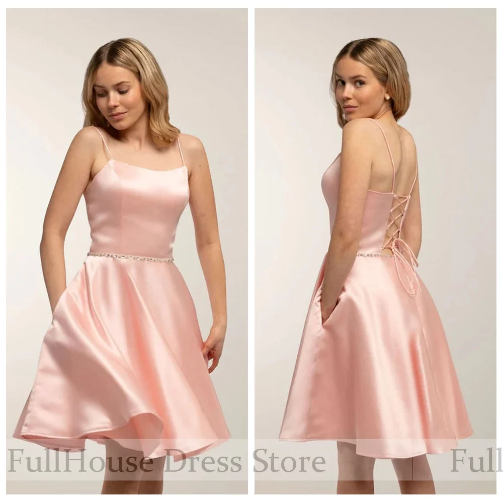 

Customized Cute Spaghetti Straps Pleated A-line Short Mini Homecoming Gown Lace up Back Beaded Crystal Prom Dress