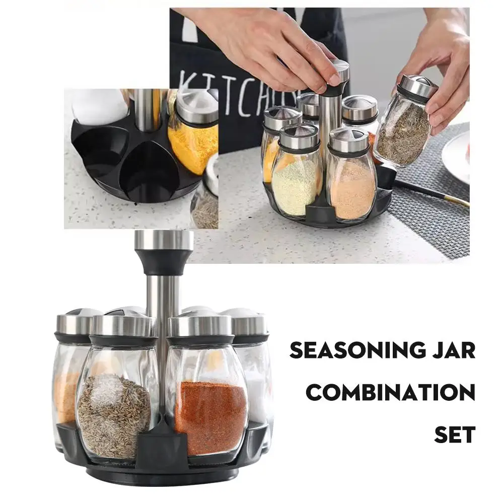 6-Jar Revolving Spice Rack Seasoning Jar Combination Set Rotating Base Seasoning Bottle Spice Storage Container