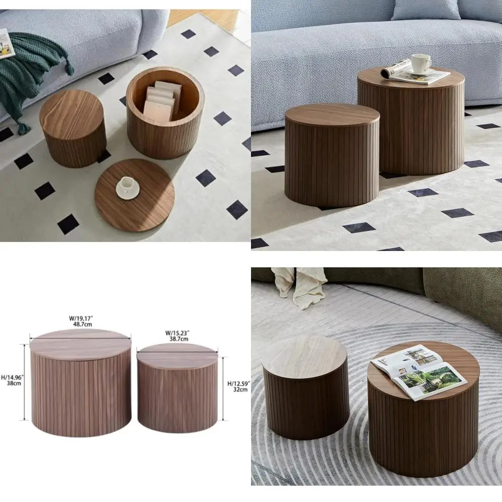 

Modern Circle Walnut Nesting Coffee Tables Set, 2-Piece Living Room Furniture with Storage for Small Space