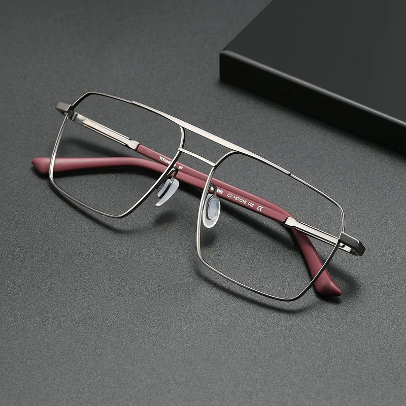 Ultra light pure titanium retro square frame for men's business glasses, minimalist gold wire double beam glasses, large