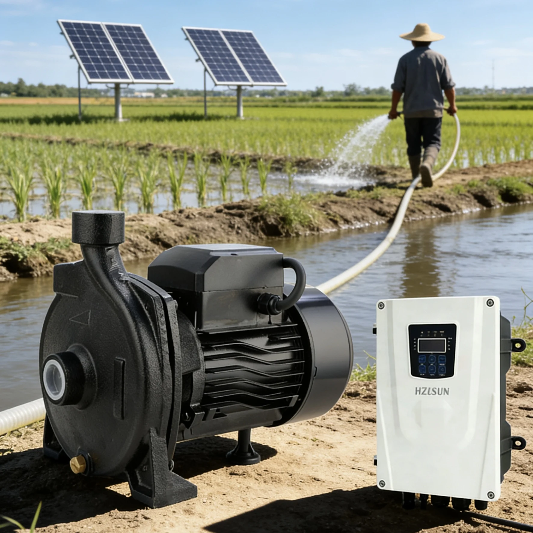 HZUSUN 1.5HP AC DC Hybrid Solar Irrigation Booster Water Transfer Pump for Farm 2'' Powerful Solar Energy Surface Pumping Machin