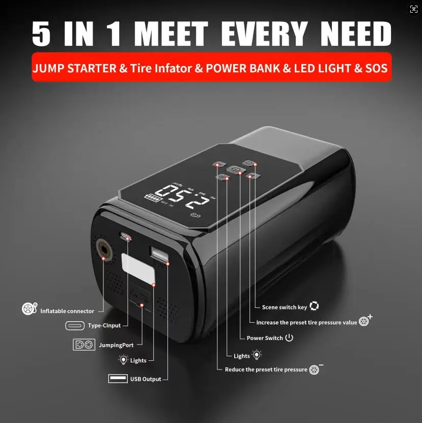 Factory OEM/ODM 600A Peak 12V Car Jump Starter with 150PSI  Air Compressor Pump Wireless Tire Inflator Smart Clamp Power Bank