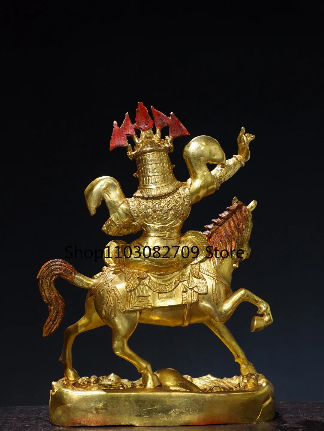 Tibetan old brass gilt painted face painting King Gesar riding ornament Home Buddhist Hall Supplies Collection 33cm