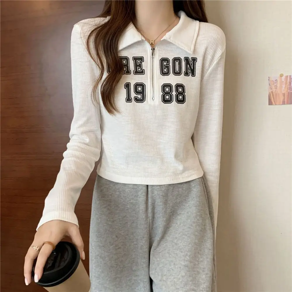 Spring Autumn Winter Long Sleeve T-shirt Women Solid Simple Zipper Print Lapel Slim Pullover Top Tops Girl