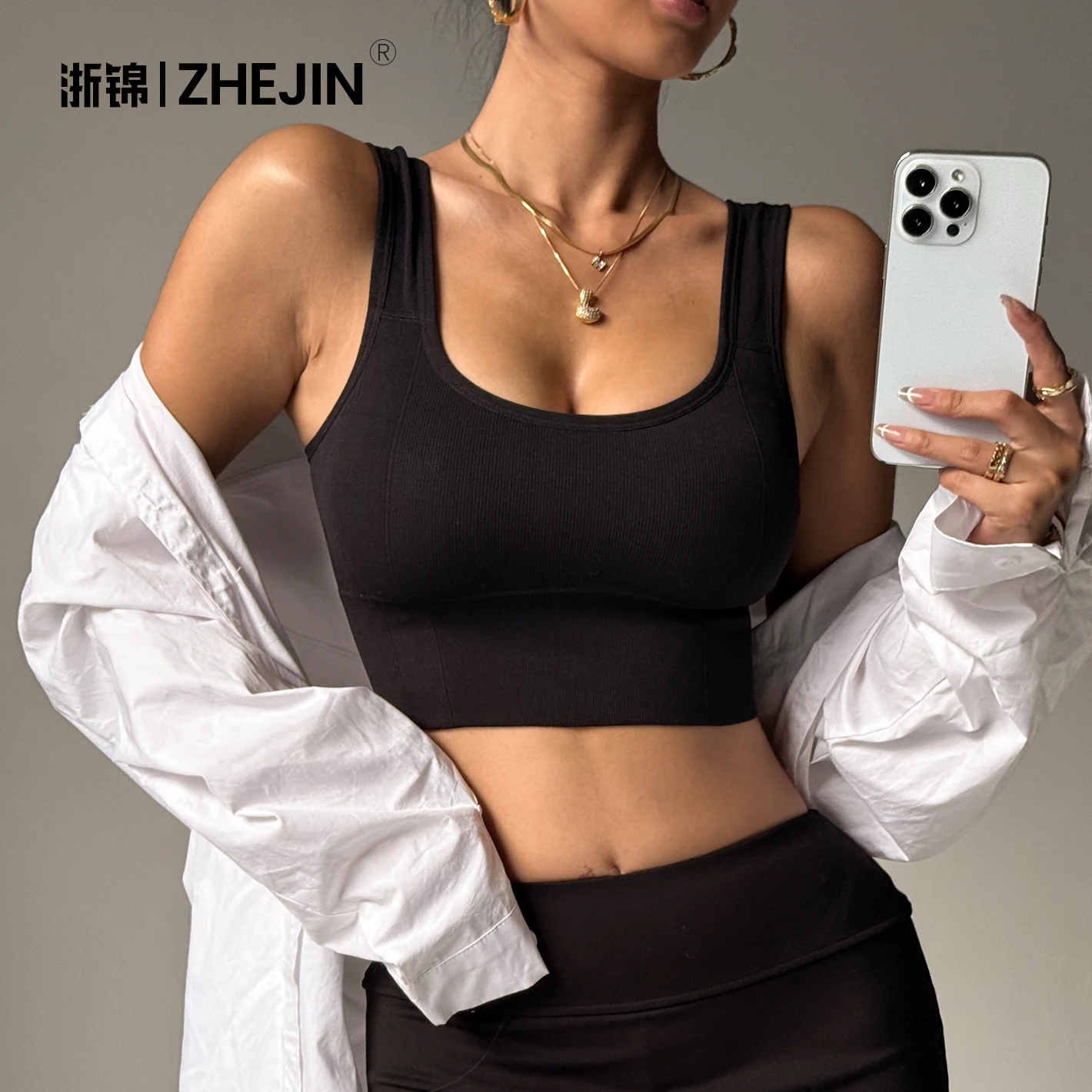 ZHEJIN Ribbed Seamless Sports Bra Women Square Neck Yoga Bra Padded Push Up Gym Workout Crop Top Longline Fitness Activewear