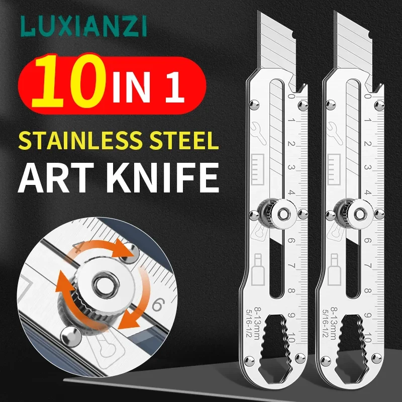 10가지 기능을 갖춘 다용도 스테인리스 스틸 나이프, 예술적인 자와 병따개 겸용의 다재다능한 박스 커터