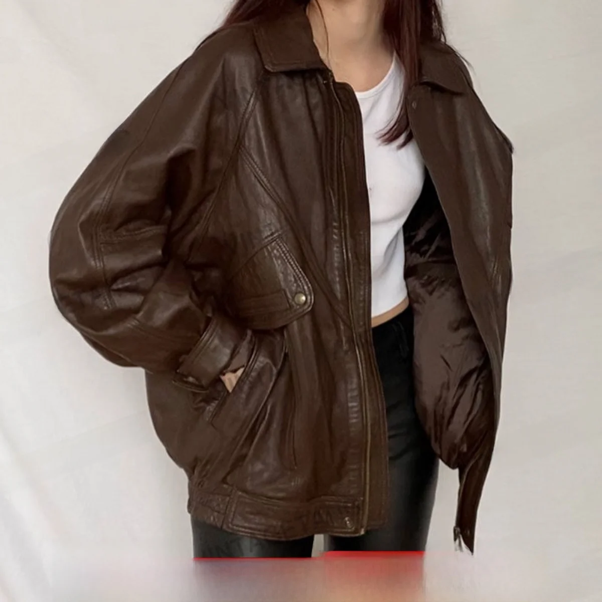 Jaet de cuero grueso marrón Retro americano para mujer, Mural de algodón para invierno, corte holgado, cierre de cremallera largo Sve