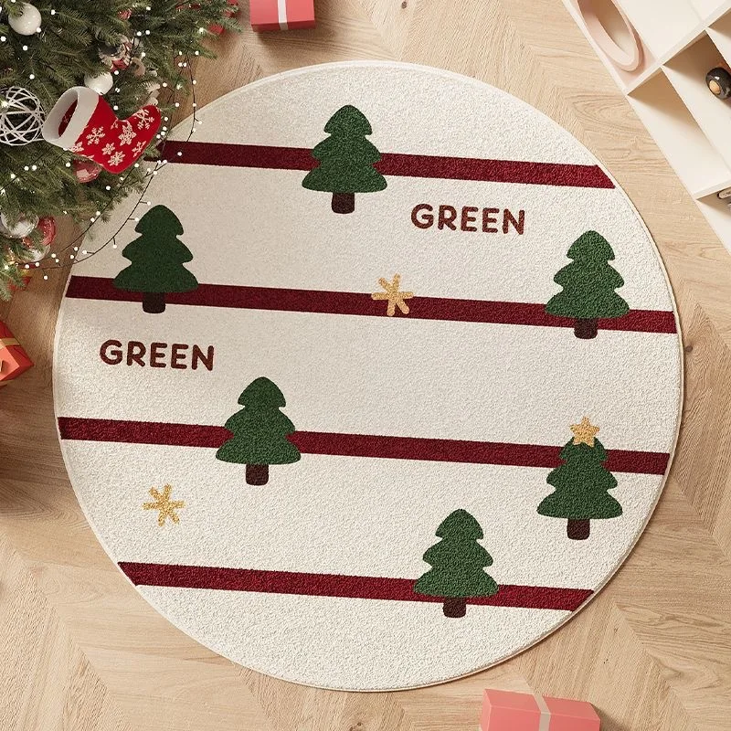 Christmas Round Rug Area Rug Red Christmas Cartoon Print Tree Rug Washable Rug Indoor Carpet Decorative Circle Rug Holiday Decor