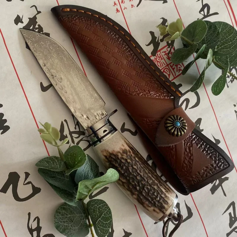 Damascus steel fruit knife with antler handle, high hardness, sharp and practical knife, outdoor camping self-defense