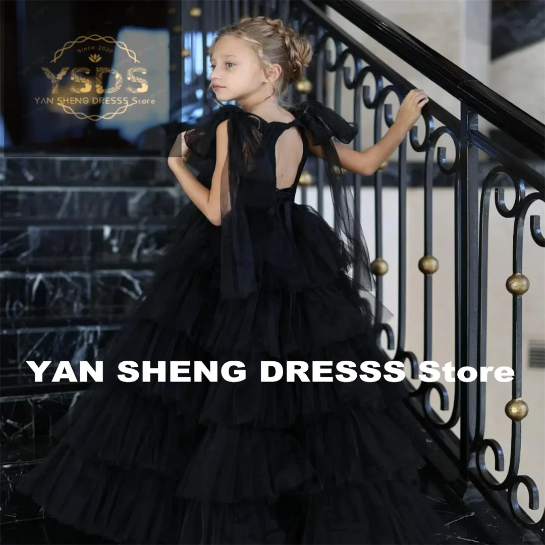 Customized Black Swan Ballet Girl Layered Tulle Fluffy Sleeveless Flower Girl Dress For Wedding Elegant Formal Ball Piano Perfor