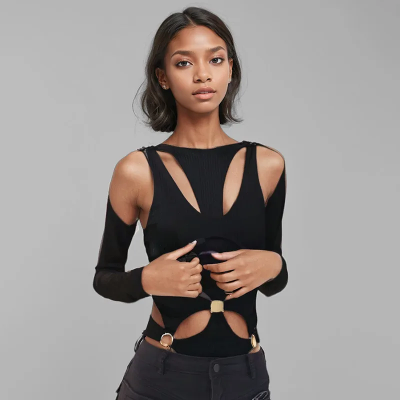 

WTHT New Fashion Women's Hollow Out Spliced Design T-shirt 2025 Summer Trendy V-neck Long Sleeves Tops Female 1LS1234