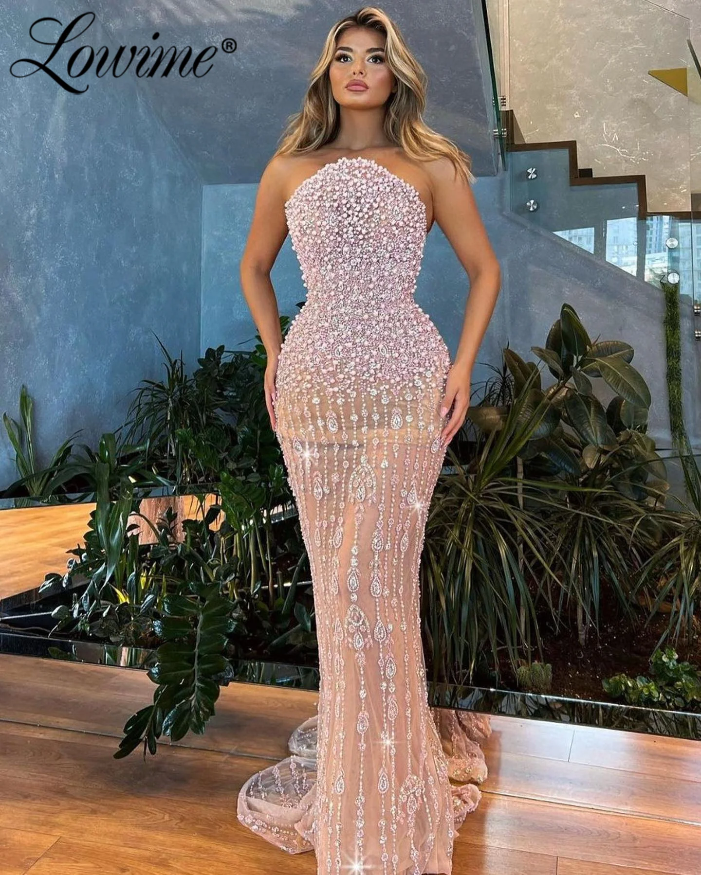 Pink Beaded Evening Dress Mermaid Strapless Long Prom Dresses Custom Made Party Second Reception Birthday Engagement Gowns Robes