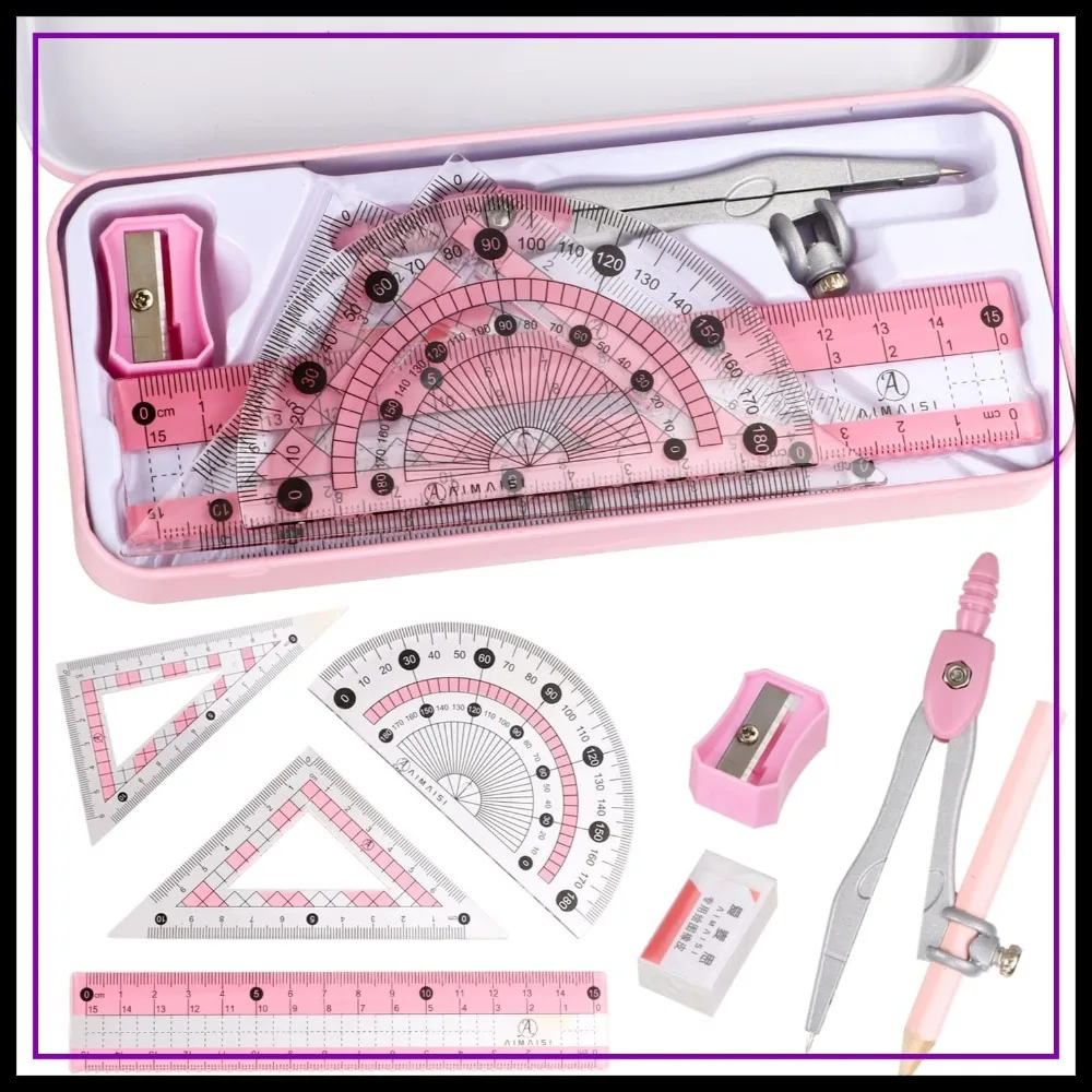 

8-Piece Compass Geometry Set with Protractor, Rulers, Metal Box for School Supplies