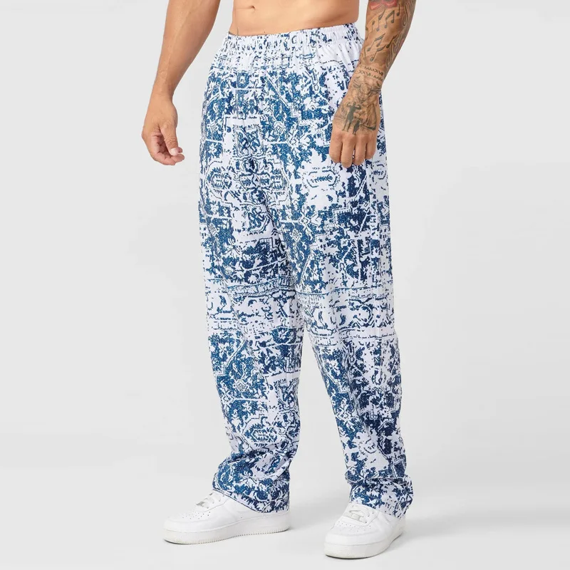 American retro wide-leg trousers men\'s summer breathable quick-drying loose yoga sweatpants fitness casual print pants