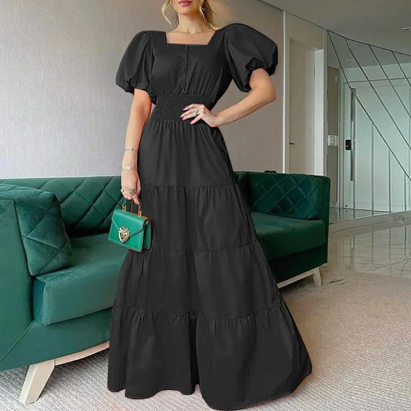 2024 Summer Ladies Dress Summer Sunskirt Square Neck Bubble Sleeve Long Dress Casual Beach Dress