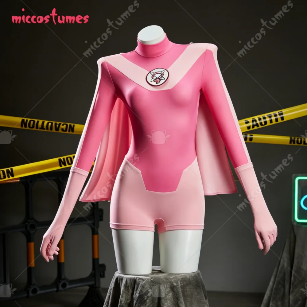 【Versandbereit】Miccostumes Eve Cosplay Kostüm Rosa Superhelden-Kostüm Bodysuit und Umhang mit Handschuhen und Socken