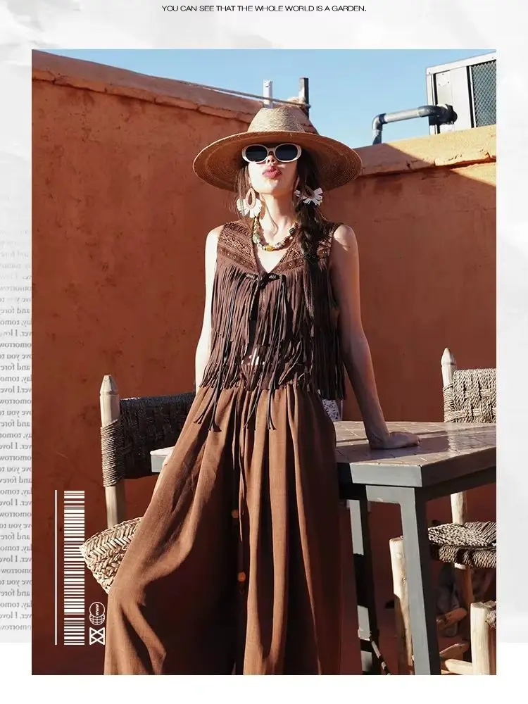 

TIYIHAILEY-Women's Vintage Vest, Sleeveless Tops, Chinese Style, New 2026 Ladies Summer Spring Tassels Cardigan Brown One Button