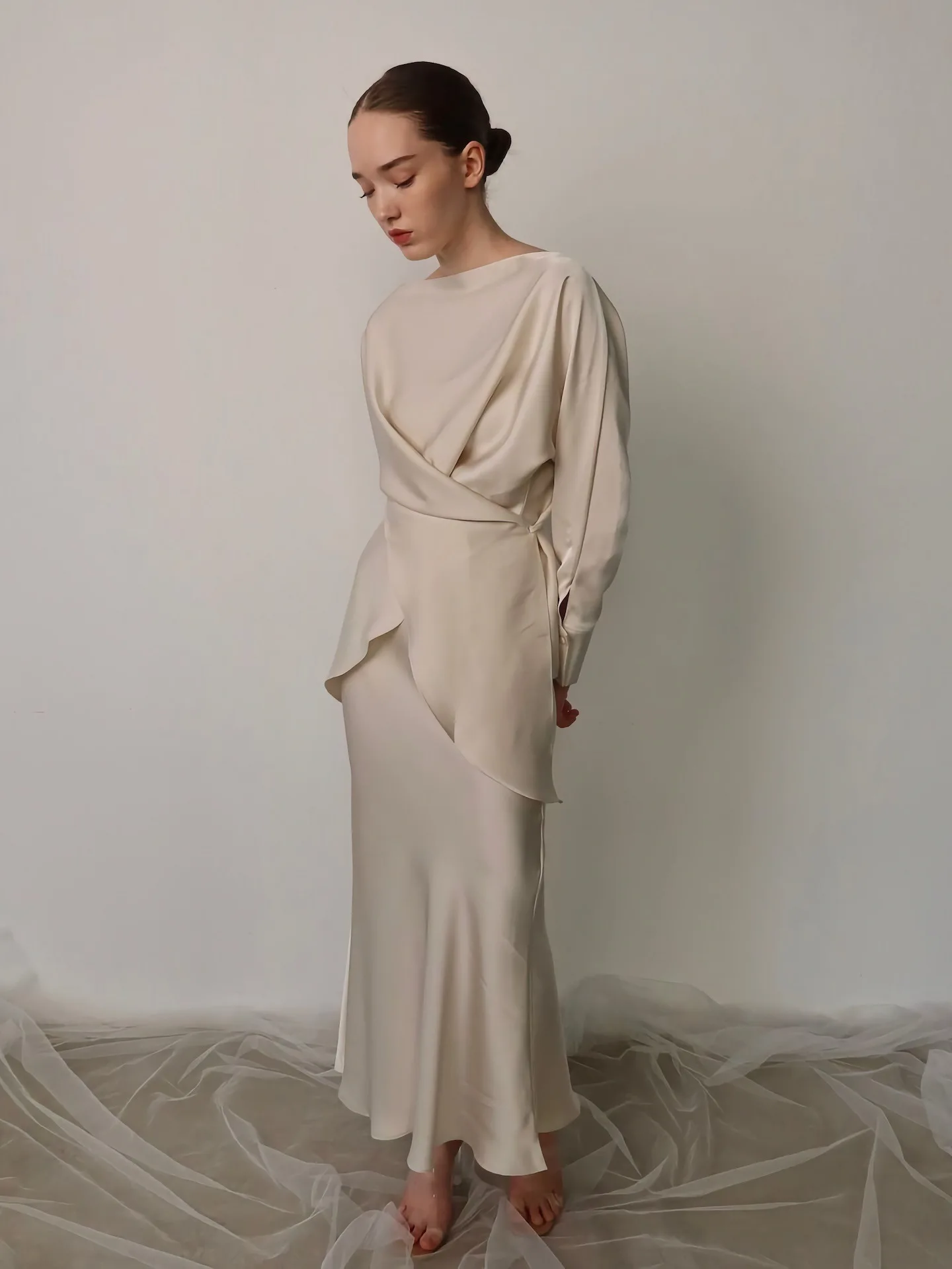 

Women Long Sleeved Lace Up Top+High Waist Loose Straight Bust Skirt Autumn Female Spring Two Piece Set Elegant Satins Outfit