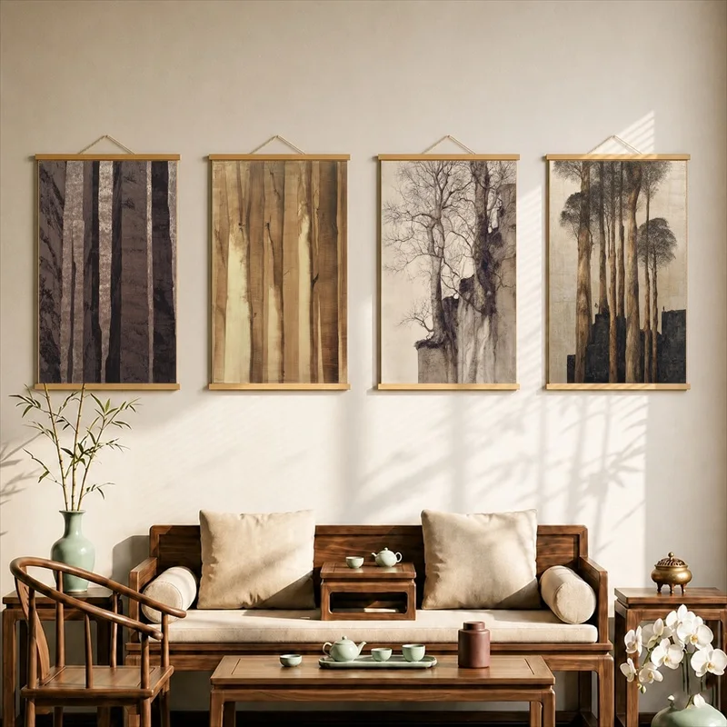 Ancient Majestic Tree Canvas Wall Art Hanging Scroll Rustic Nature Landscape Print with Wooden Rods for Living Room Decor
