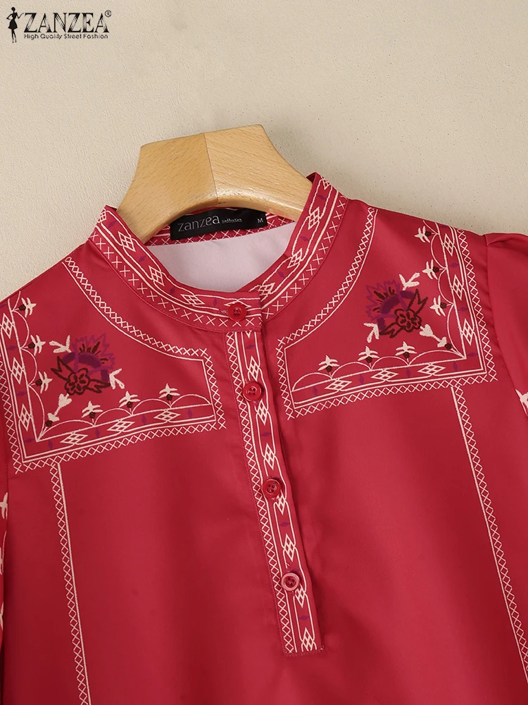ZANZEA بلوزات نصف زر مطبوعة على الطراز العرقي للنساء لخريف 2025 بياقة الماندرين 3/4 كم فانوس بلوزات غير رسمية
