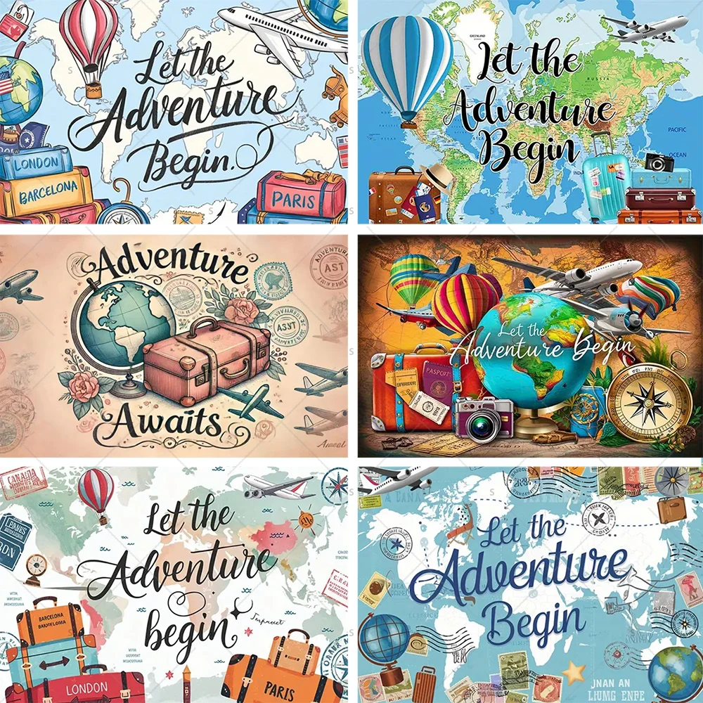 

Let The Adventure Begin World Airplane Graduation Party Decoration Travel Backdrop Photography Prop Supplies Background Kid Gift