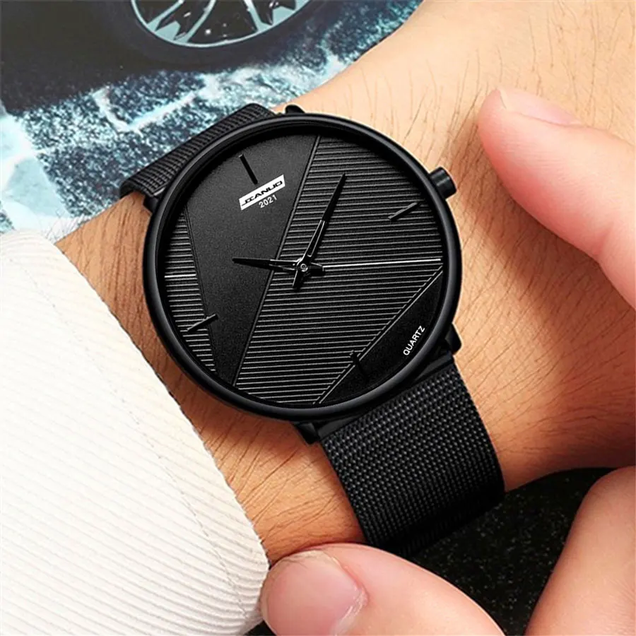 

Модные, минималистичные, ультратонкие мужские часы с сетчатым ремешком, мужские сетчатые ремешки с тиснением, кварцевые часы