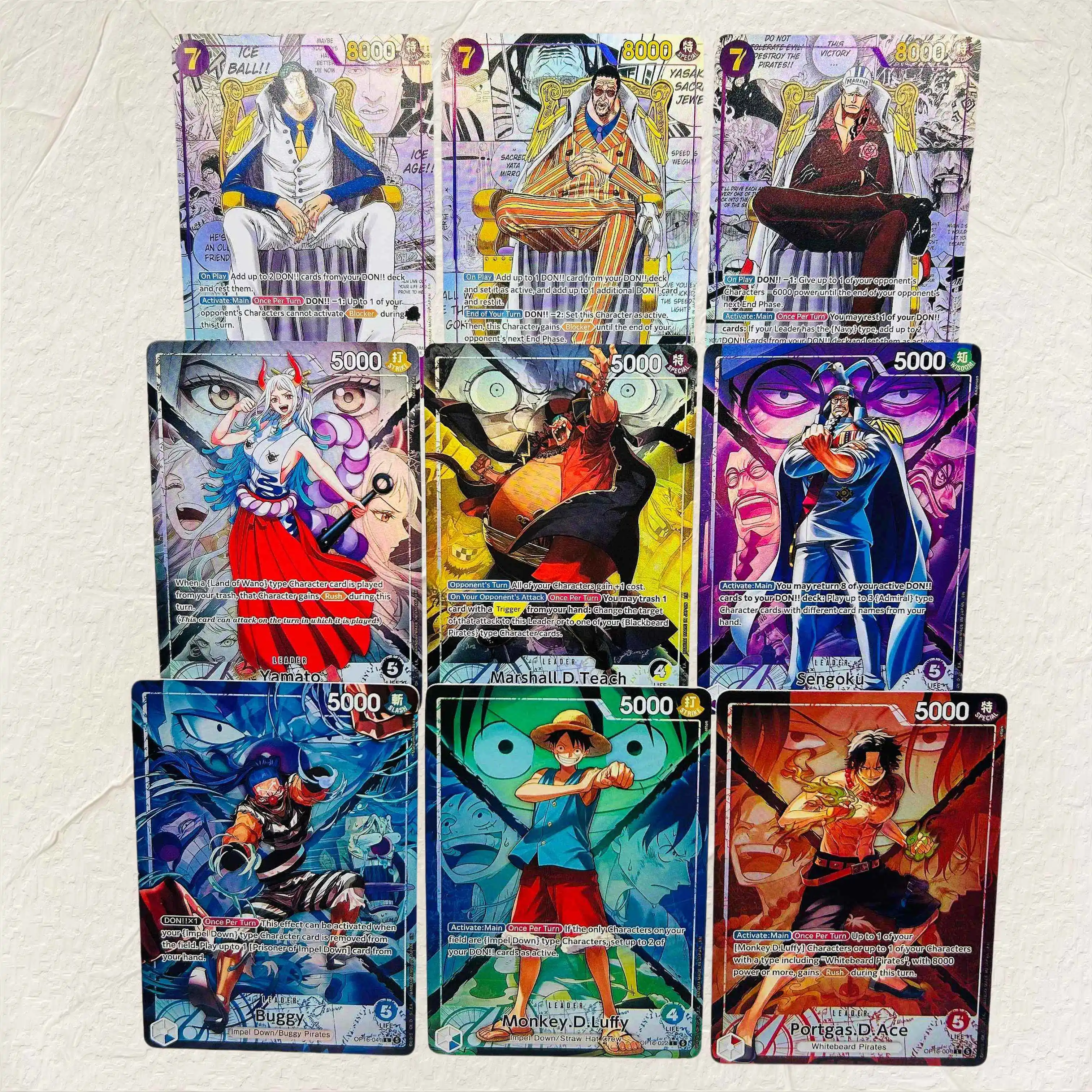

DIY One Piece 9pcs Luffy Ace Yamato Teach Kizaru Holographic Texture Cards EN Perfect Condition Classic Anime Collectible TCG
