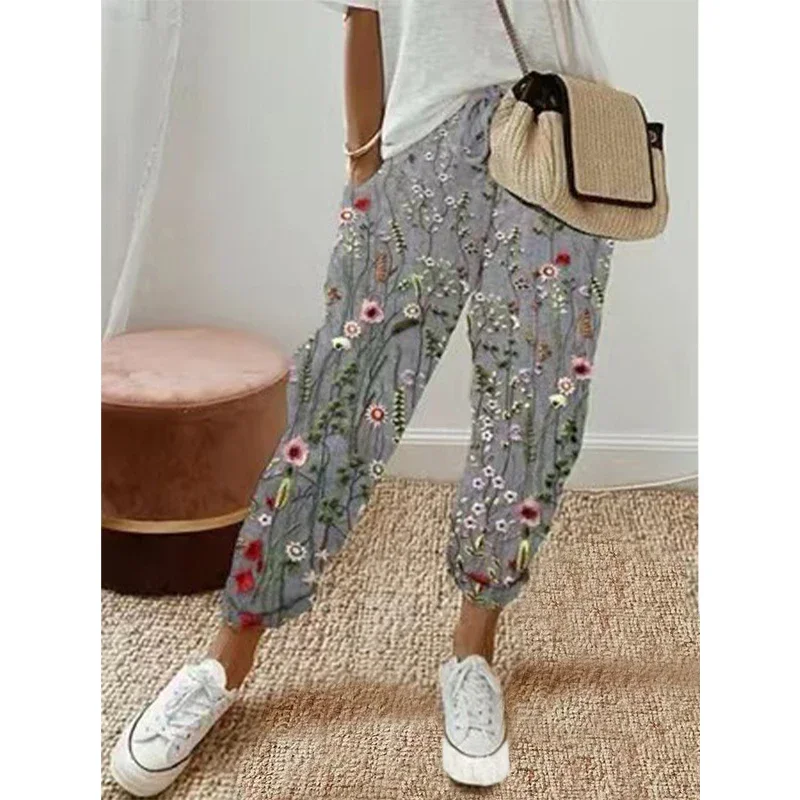 

Retro Striped Floral Print Casual Streetwear Harem Pants Female Trendy Drawstring Pockets Trousers Cotton Linen Pantalones L65