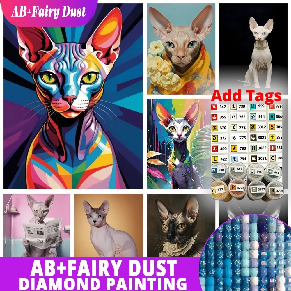 Fairy Dust AB New Sphynx Cat DIY Diamond Painting Kit Cartoon Cat Portrait Diamond Embroidery Mosaic Oil Painting Hand Gift Home