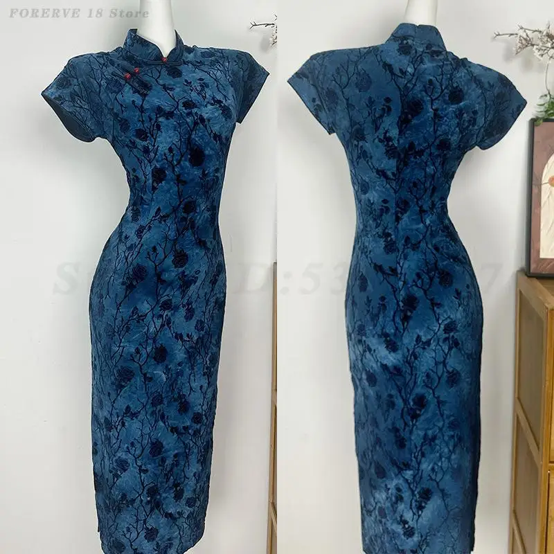 

Traditional Chinese Cheongsam Dress Women's Elegant Retro Style Slim Gown Qipao Mandarin Collar Vestidos Banquet or Performance