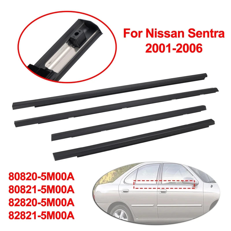 

4Pcs/Set Window Glass Weatherstrip Sealing Strip 80820-5M00A for Nissan Sentra 2001-2006 Moulding Trim