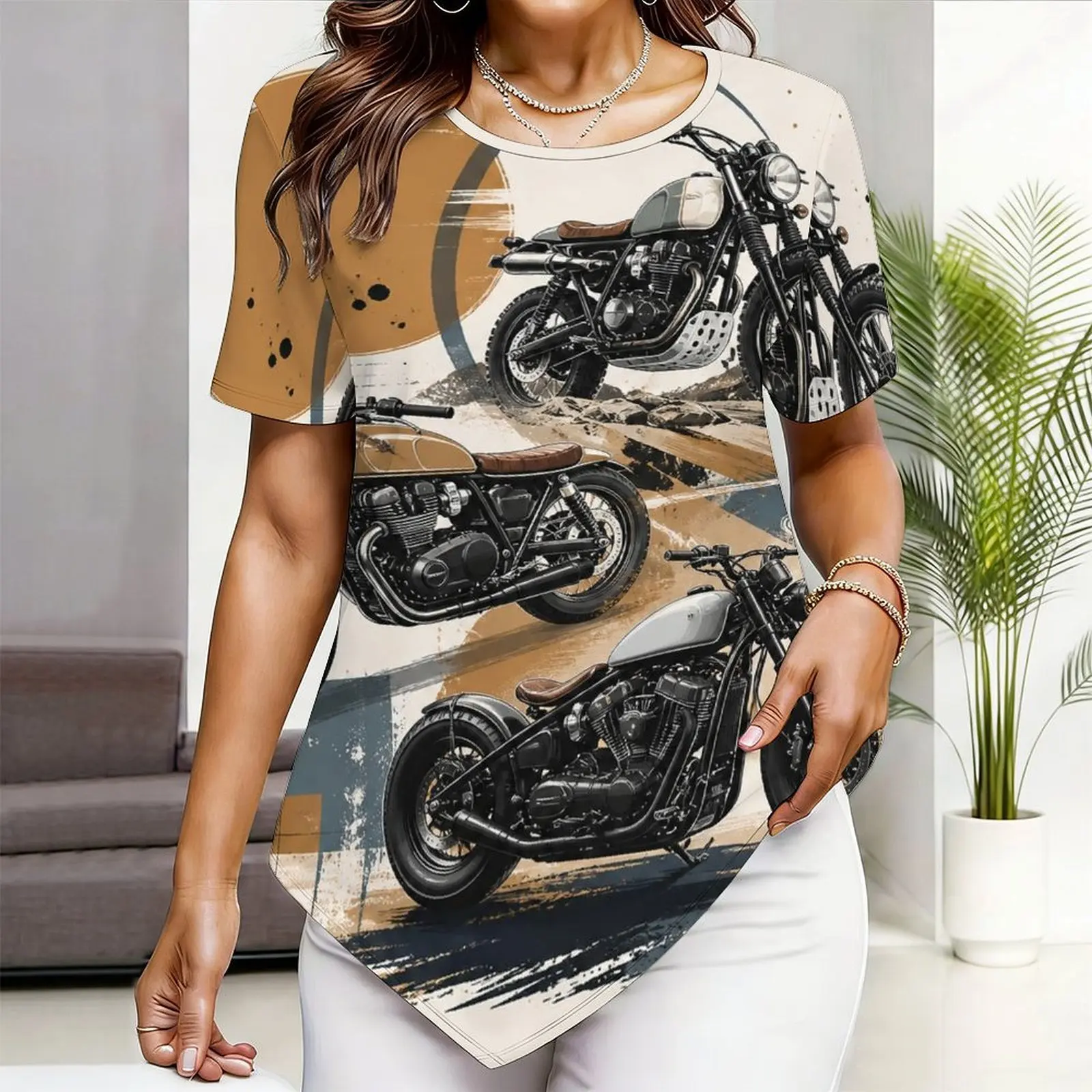 Women Top with Print Round Neck Short Sleeve Pointed Hem
