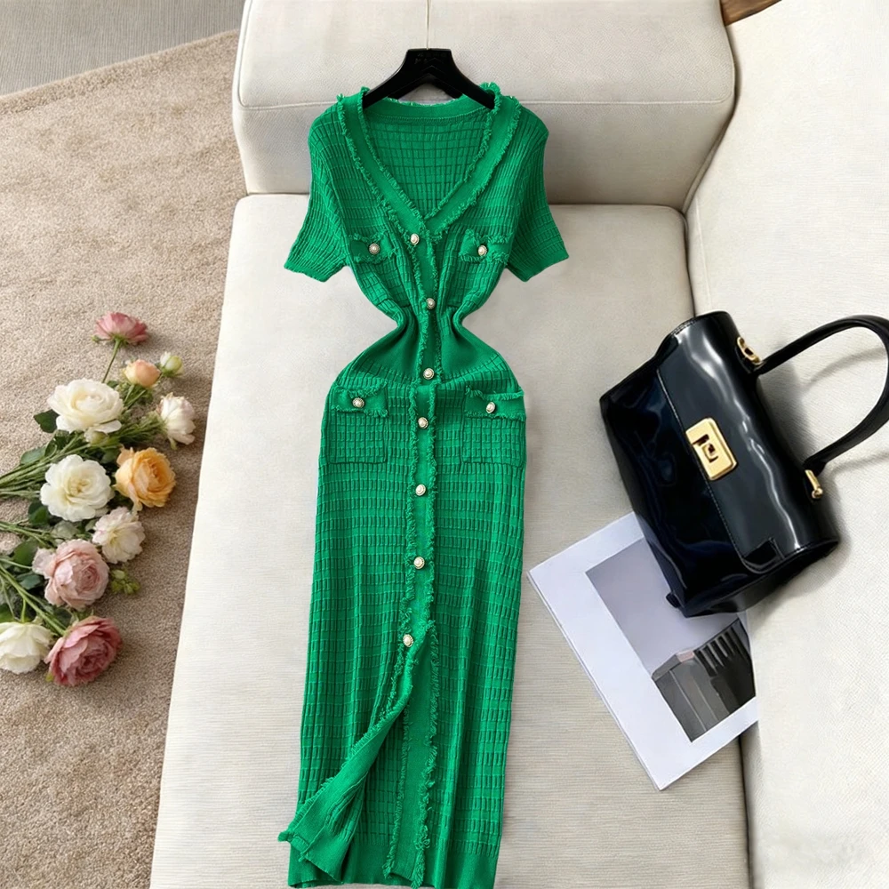 YuooMuoo Merk Mode Parel Knopen Gebreide Lange Jurk Lente Zomer Luxe V-hals Bodycon Trui Jurk Kantoor Dame Vestidos