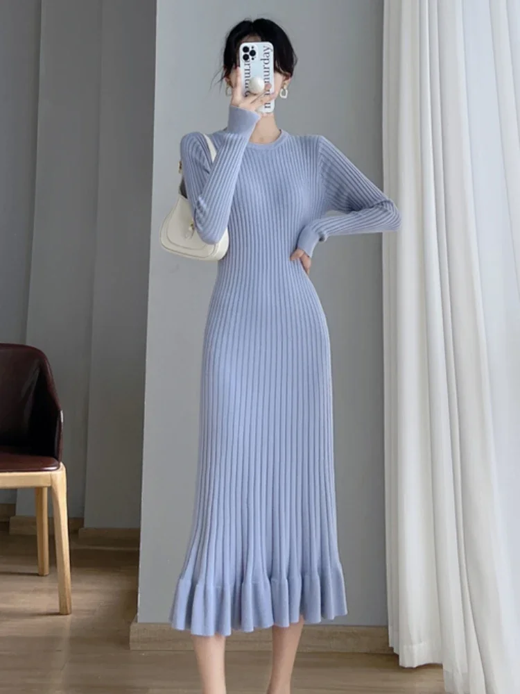 

Thick Mermaid O-Neck Long Sweater Maxi Dress for Women Elegant Casuals Female A-line Slim Sexy Knitting Dress Autumn Winter 2022