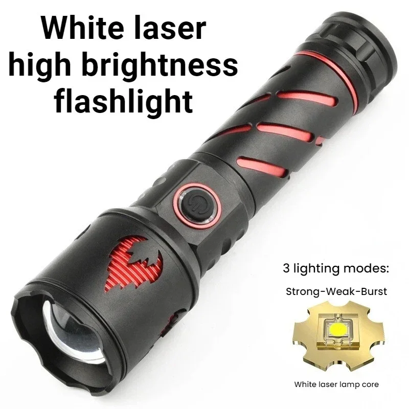 High Brightness White Laser LED Flashlight Zoom Rechargeable Waterproof Torch Outdoor Hiking Camping Emergency Light