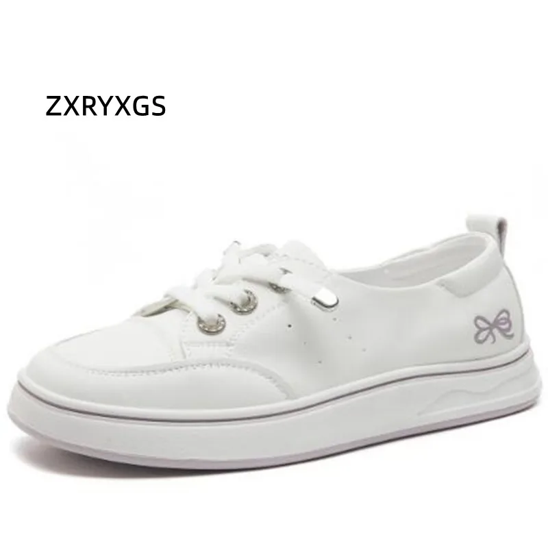 ZXRYXGS Lace-up Genuine Leather White Shoes Leisure Sneakers 2024 Popular Versatile Light Comfortable Women Shoes Flat Sneakers