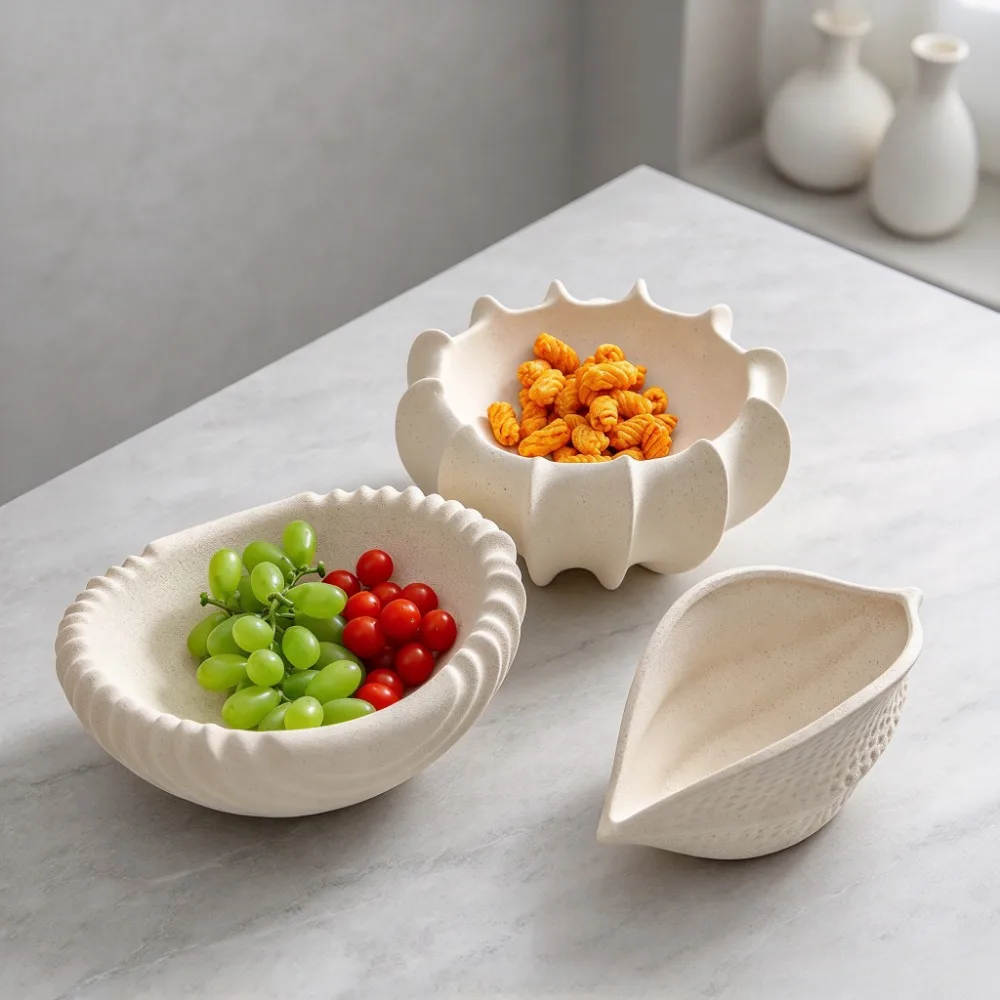 Elegant Ceramic Shell Fruit Bowl Textured Snack Bowl Afternoon Tea Serving Coffee Table Centerpiece Decorative Storage Bowl
