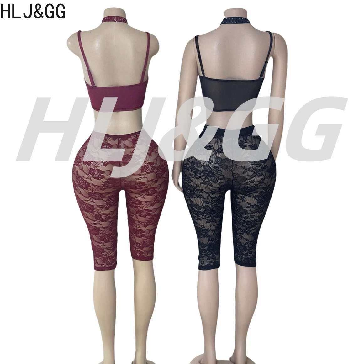 HLJ&GG Sexy Lace See Though Two Piece Sets Women Trendy  Deep V Sleeveless Tank Crop Top And Shorts Outfits Fashion Streetwear