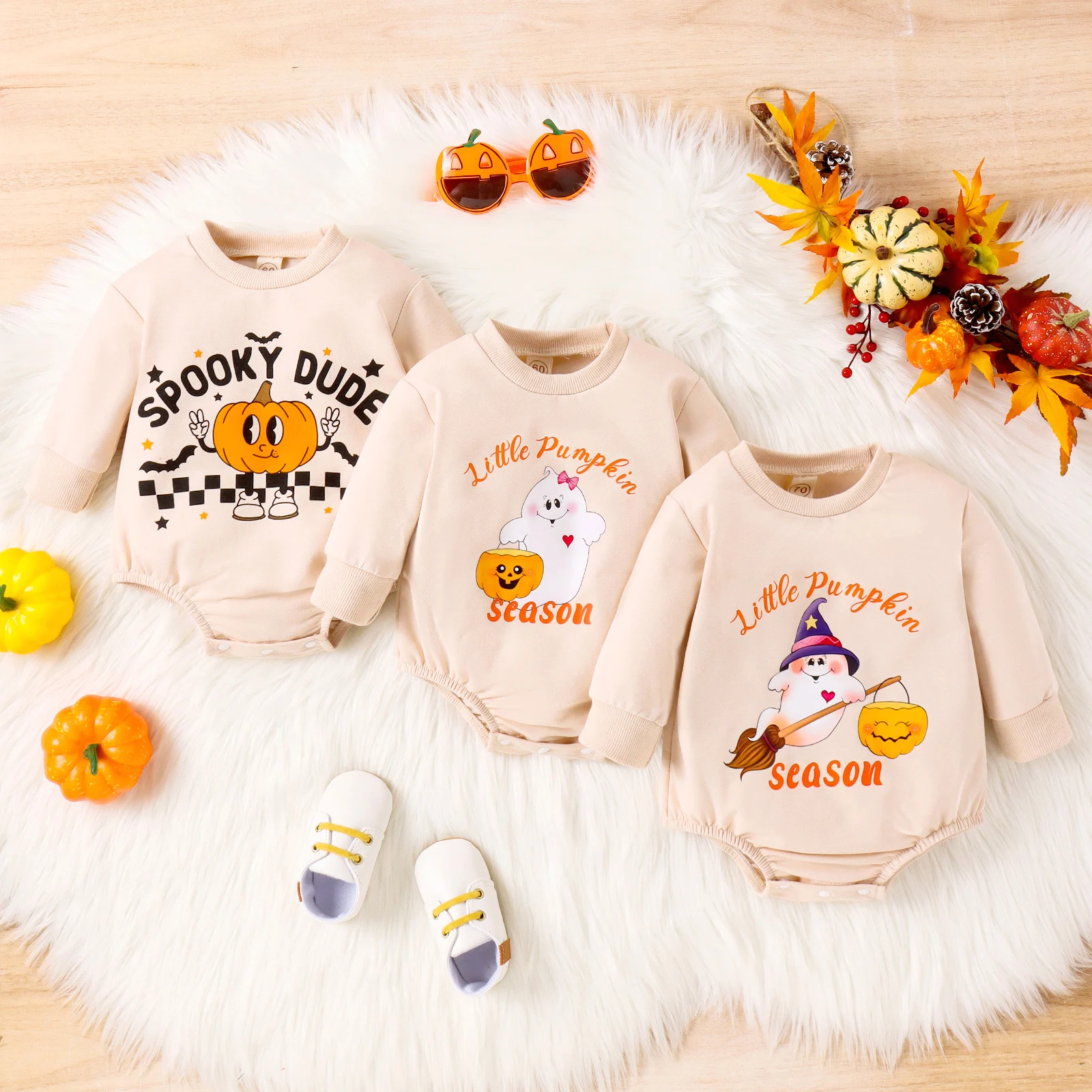 Autumn 0-2 Years Old Boys And Girls, Casual And Fashionable Round Collar, Long-Sleeved Apricot Color Halloween Print Clothes