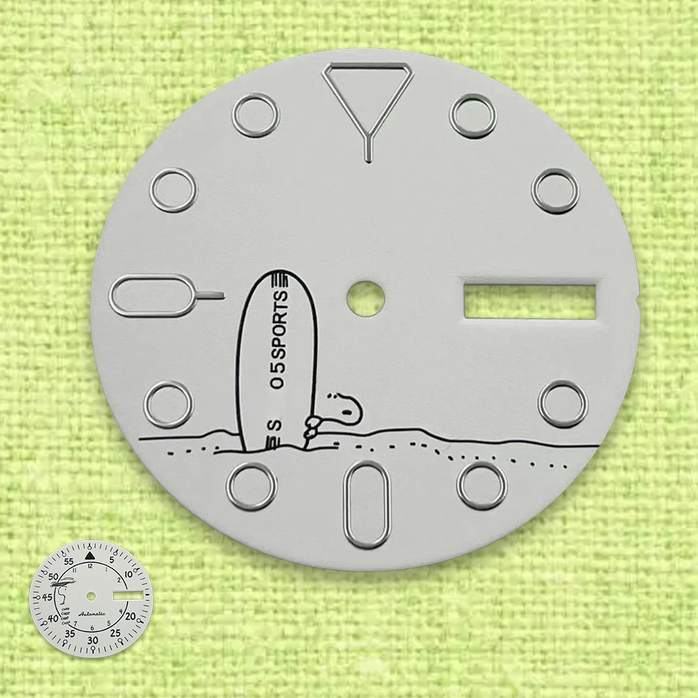 Witte cartoonhond 28,5 mm S-logo witte wijzerplaat geschikt voor NH36 Japans automatisch uurwerk groene lichtgevende horlogemodificatie