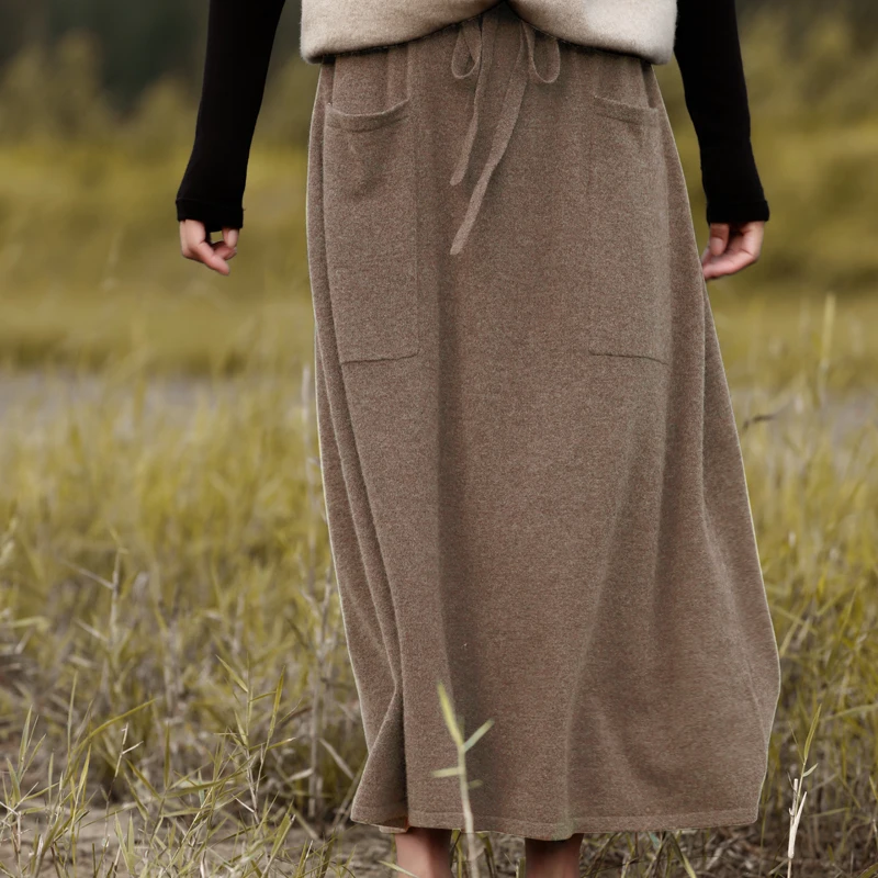 Autumn And Winter Wool Long Skirt Female High Waist Solid Color Buckle Joker Double Pocket Skirt Loose Slim Cashmere Knit Skirt