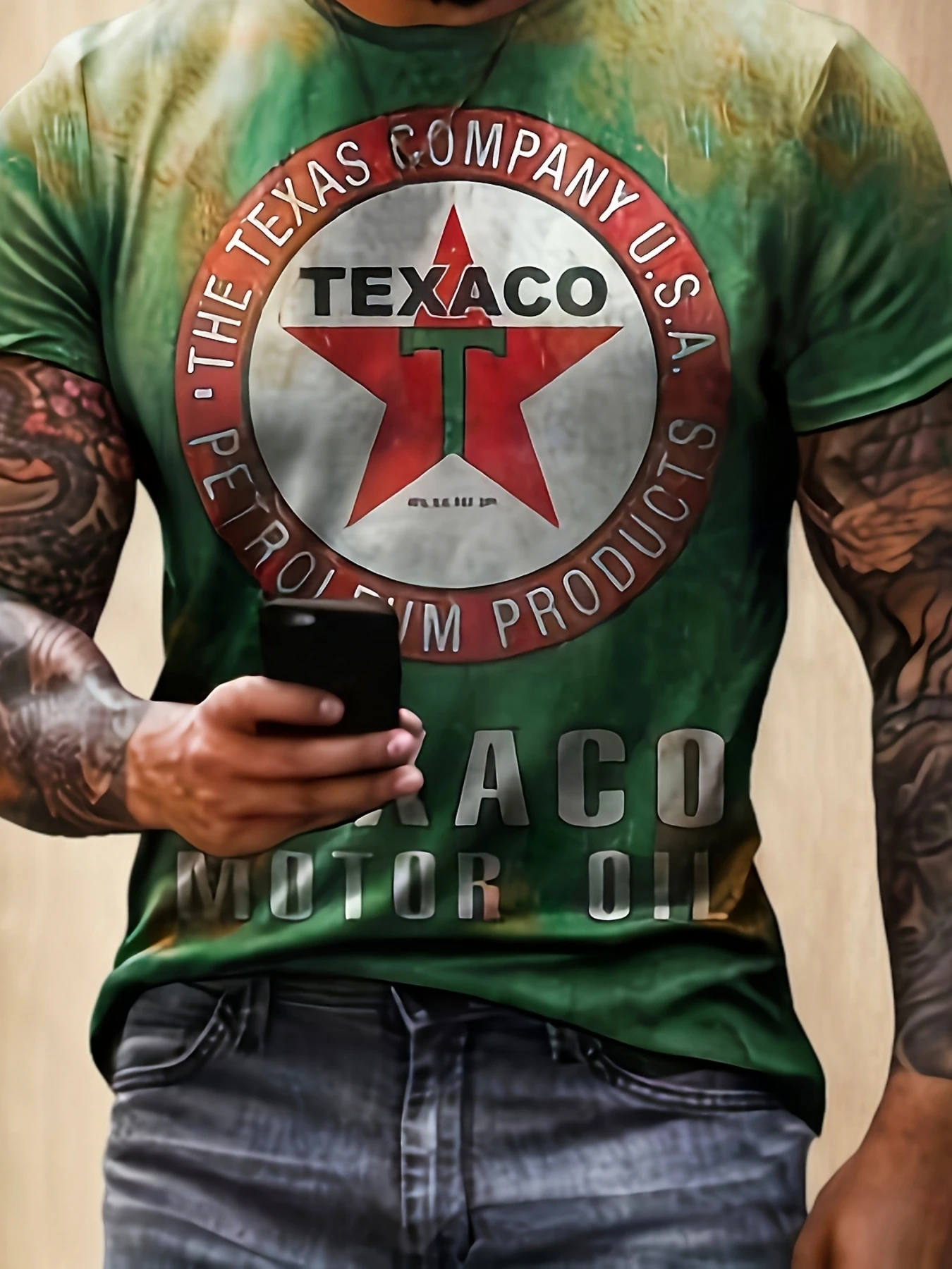

Men's Vintage-Inspired Graphic Tee - 3D Print "THE TEXACO USA" Design, Casual Polyester Blend Crew Neck Short Sleeve